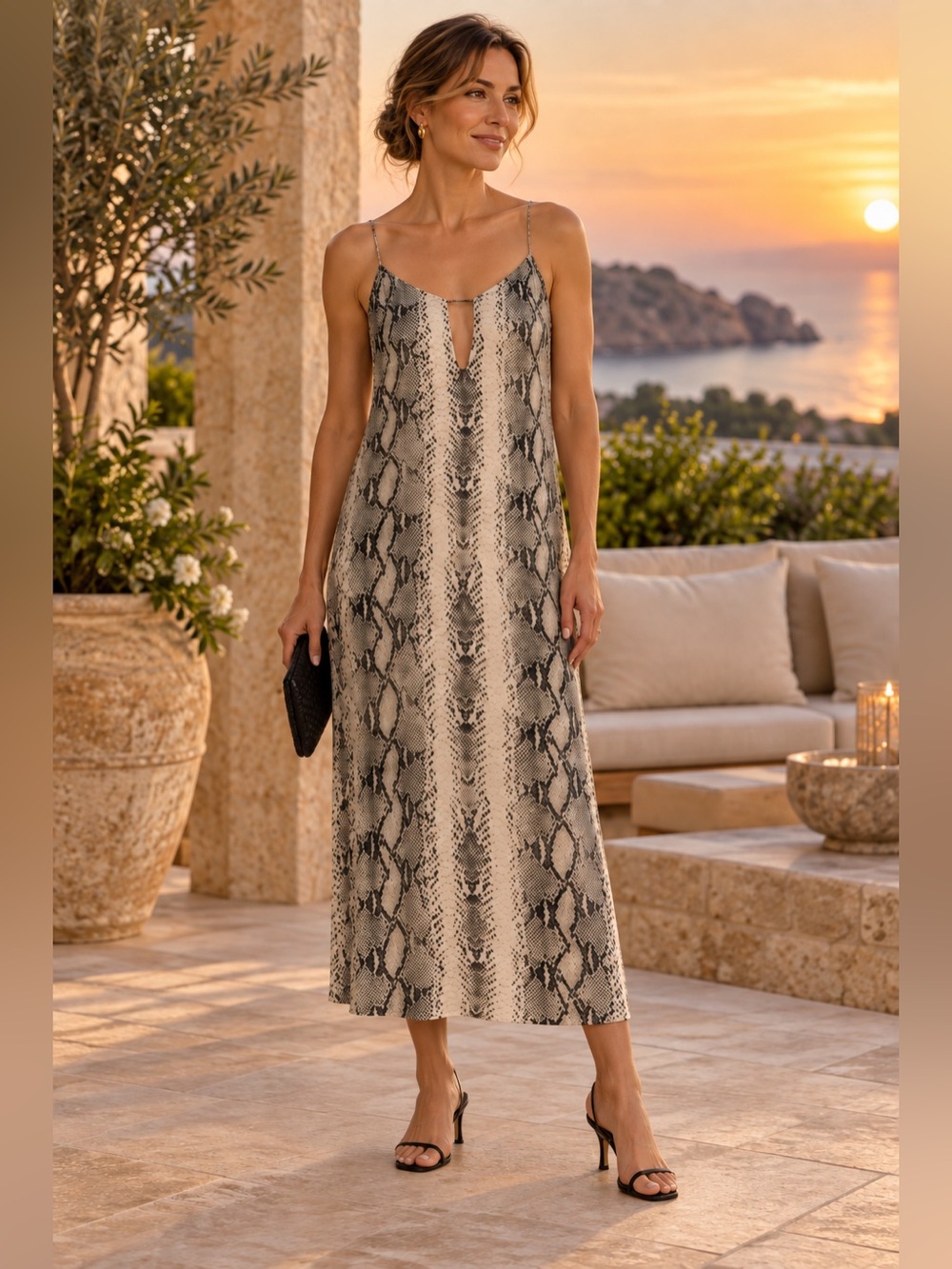 LAVENDER BROWN Snake Print Front Keyhole Midi Dress M